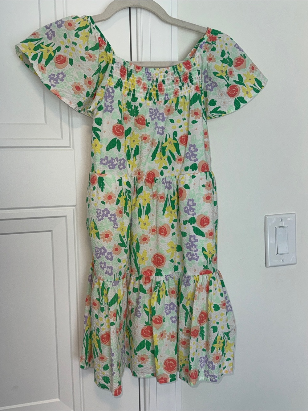 Cat & Jack White Floral Tiered Dress with Coral and Lavender Blooms